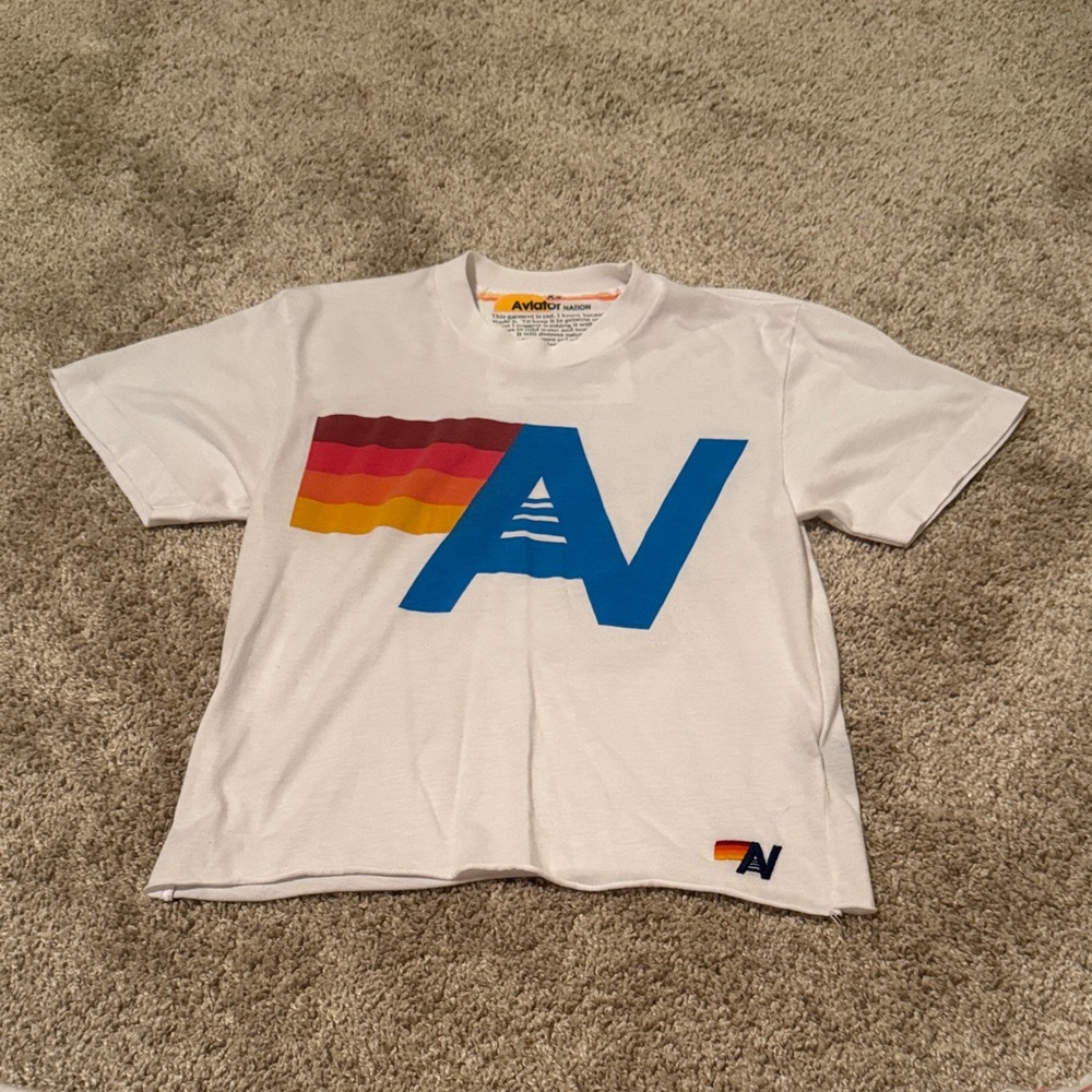 Aviator Nation White Tee with Blue Logo and Multicolor Stripes